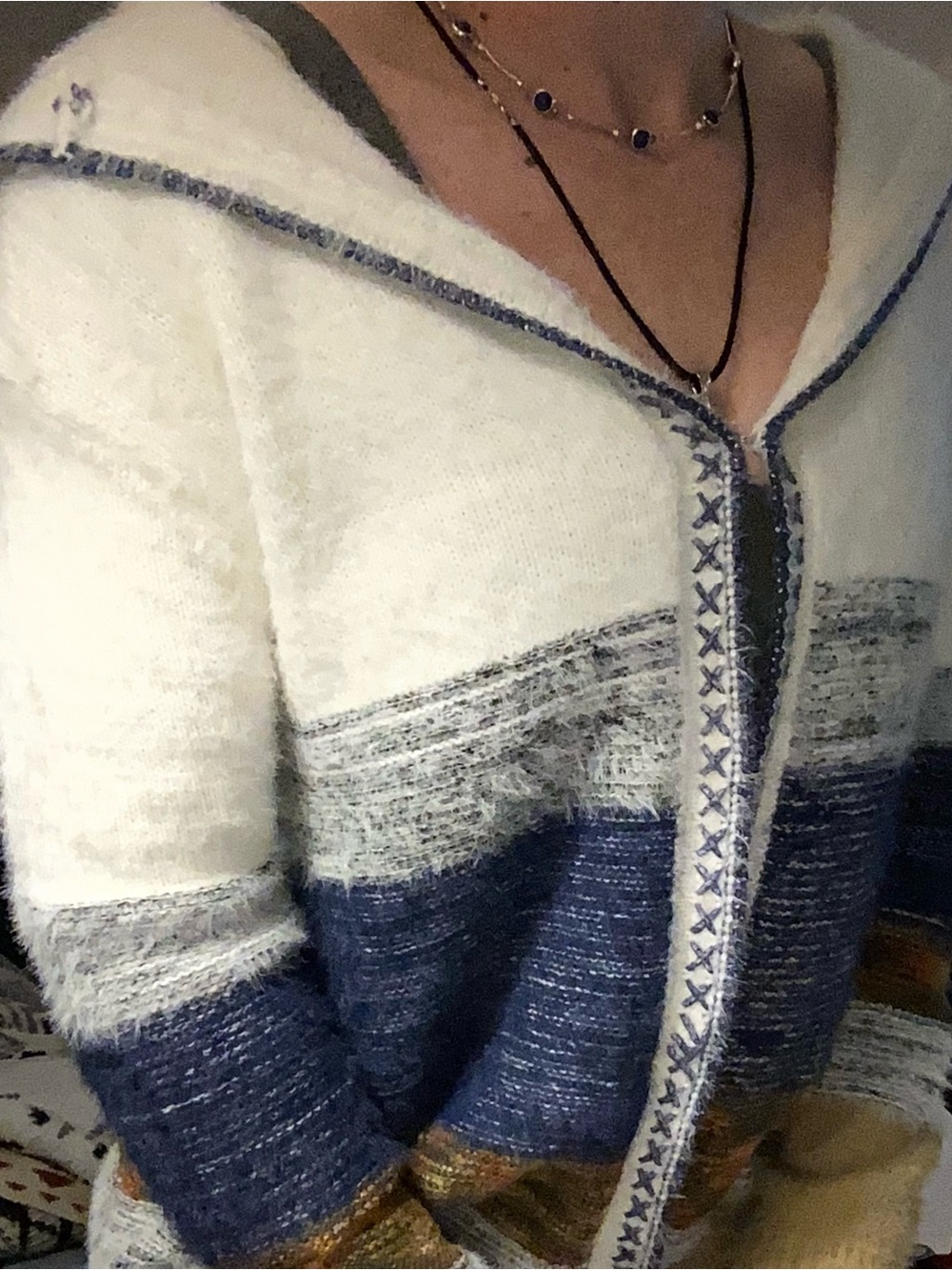 Fate Striped Hooded Knit Cardigan in Cream, Navy & Gold